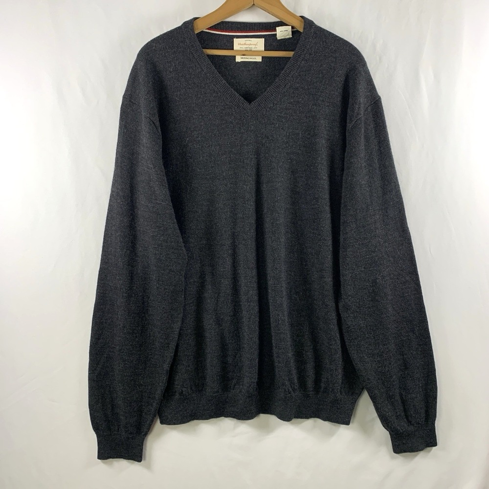 Mens Lightweight Merino Wool V Neck Sweater Size XL Charcoal Gray Minimalist